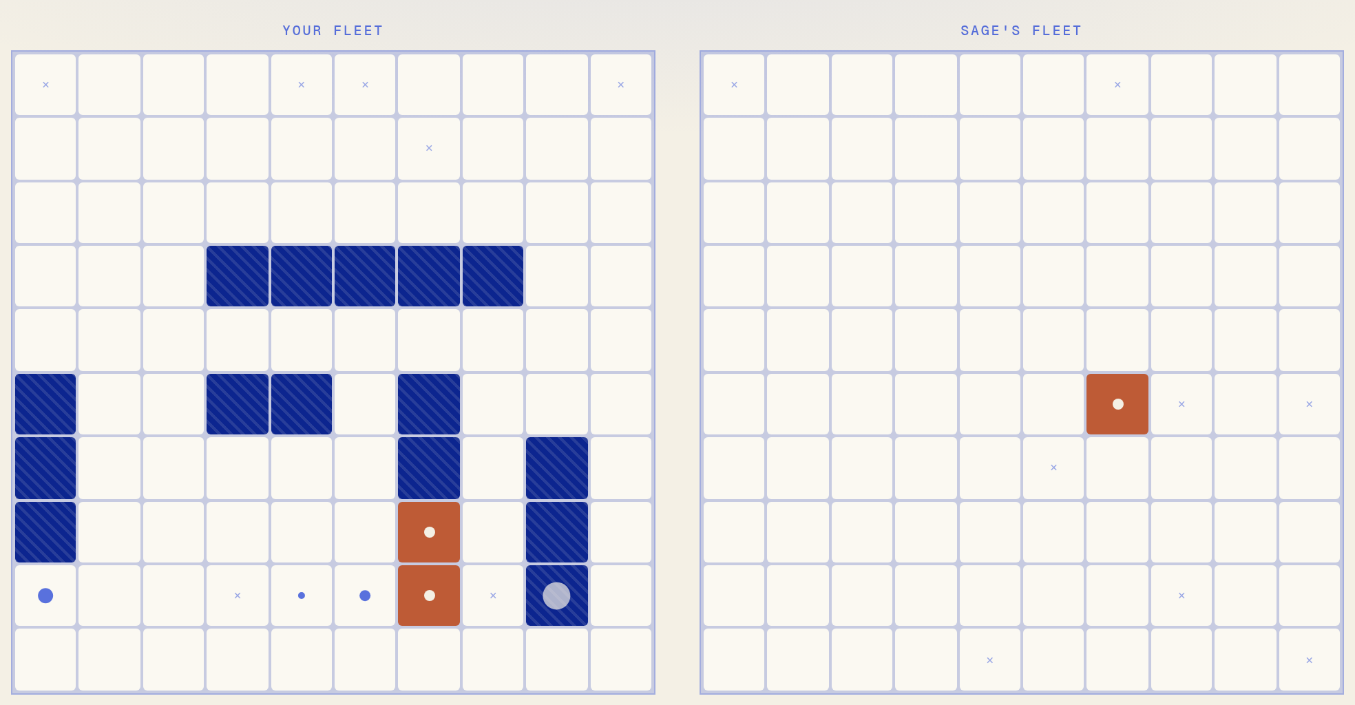 Two Battleship grids: your fleet with Sage's heat map painted over it, and Sage's hidden board with your hits and misses