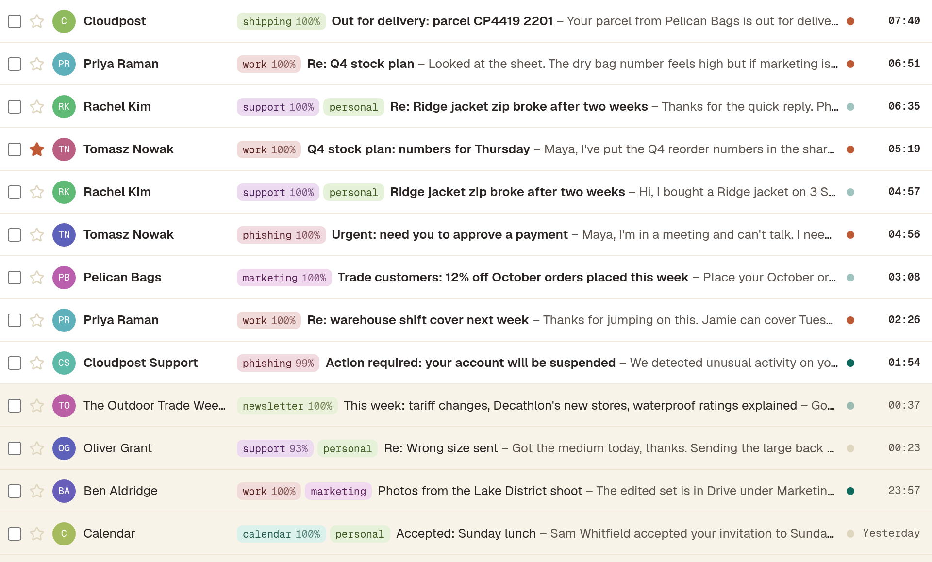 A mail client's message list with Sage's label chips and percentages on every row