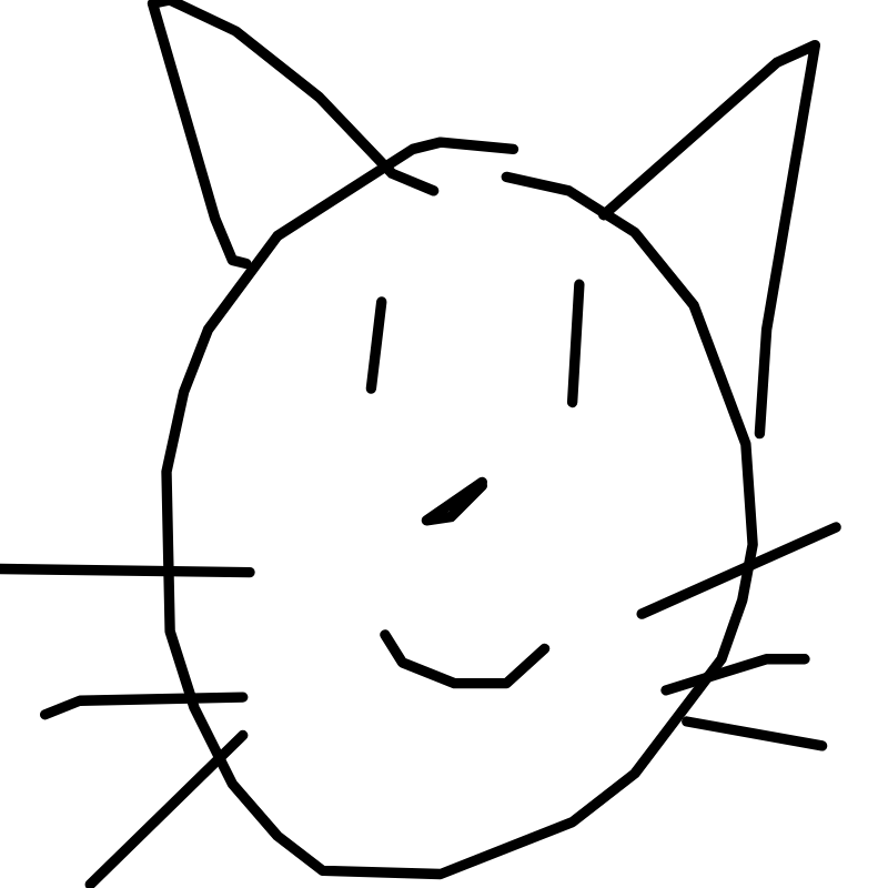 A wobbly freehand drawing of a smiling cat's face with pointy ears and whiskers